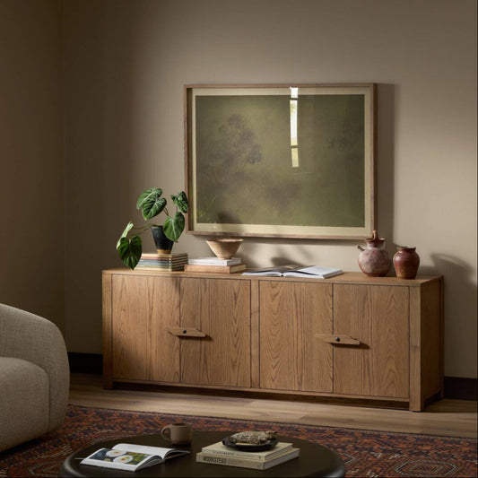 Console multimédia Bedford à quatre mains en placage de chêne naturel chaleureux