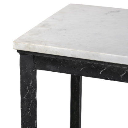 Console en fer martelé à quatre mains en marbre blanc