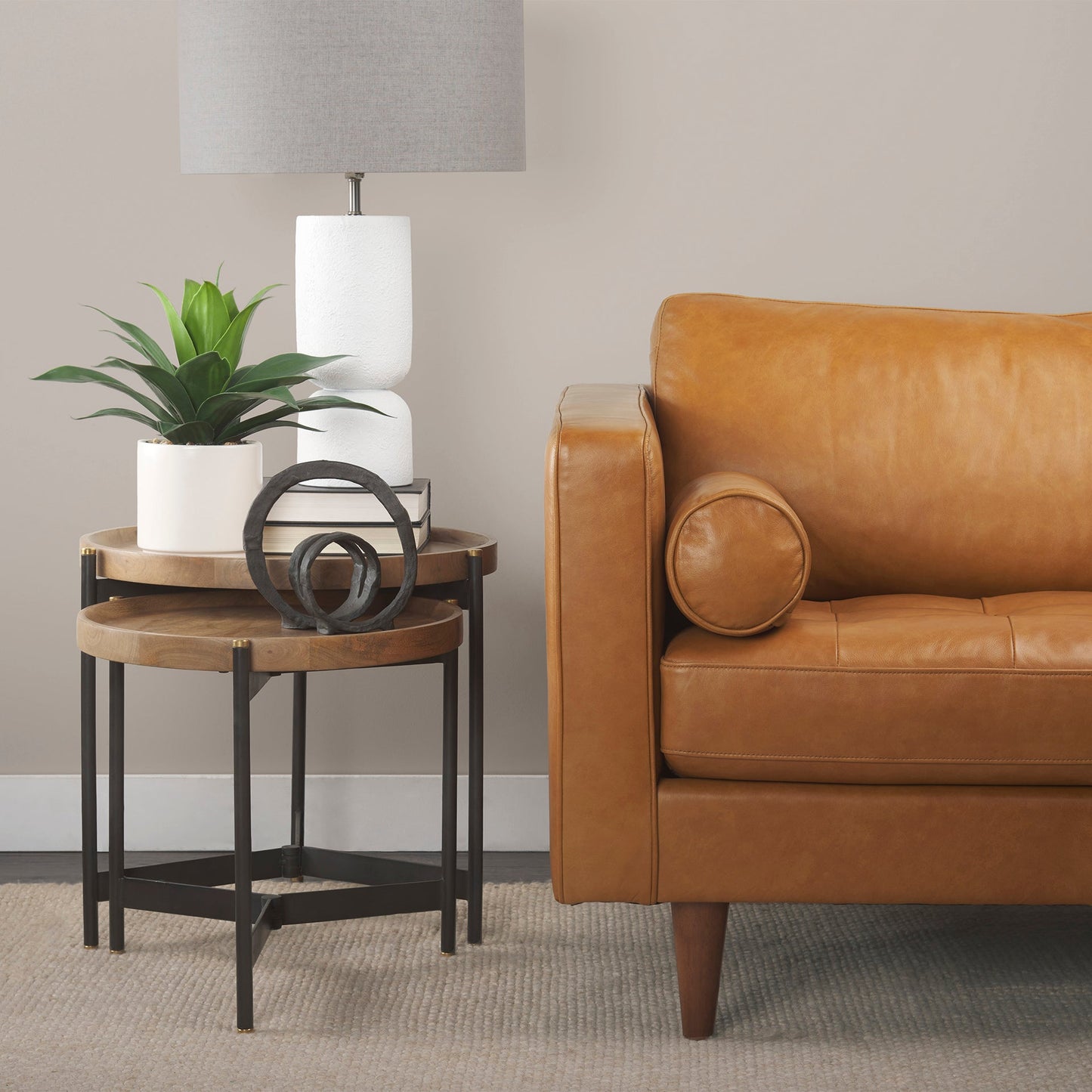 Canapé sectionnel Arne en cuir beige | Chaise longue droite